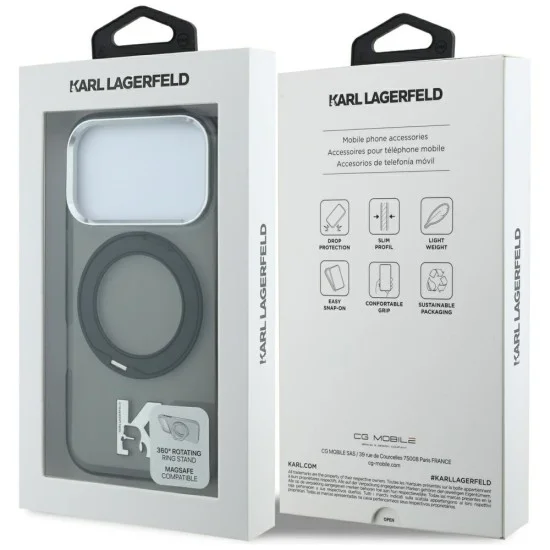 Калъф Karl Lagerfeld Hardcase IML Ring Stand MagSafe Kameo Metal (KLHMP18L6HRSMKMK) - iPhone 18 Pro / iPhone 17 Pro - Черен