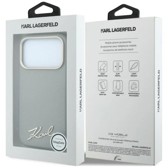 Калъф Karl Lagerfeld Saffiano Small Script Metal Logo MagSafe (KLHMP18X6PWSKSE) - iPhone 18 Pro Max / iPhone 17 Pro Max - Бежов