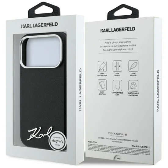Калъф Karl Lagerfeld Saffiano Small Script Metal Logo MagSafe (KLHMP18X6PWSKSK) - iPhone 18 Pro Max / iPhone 17 Pro Max - Черен
