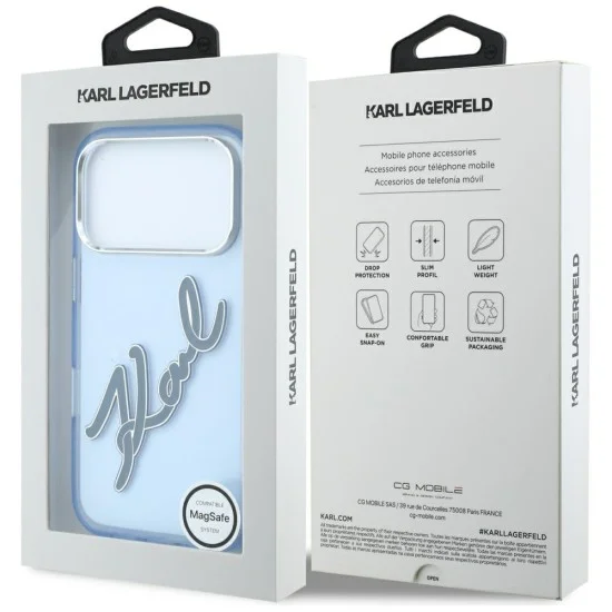Калъф Karl Lagerfeld IML Big Signature Resin Logo and Metal Frame (KLHCP18L6HCKSRB) - iPhone 18 Pro / iPhone 17 Pro - Син