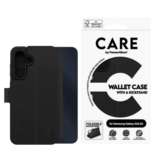 Калъф за Samsung Galaxy A26 5G - PanzerGlass® - Калъф-портфейл с функция CARE и стойка - Черен