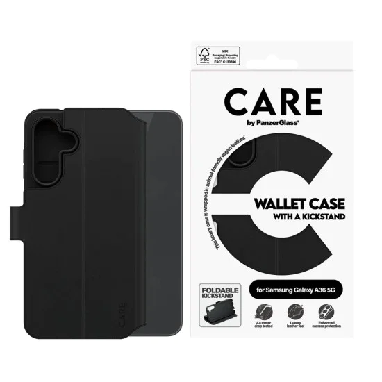 Калъф за Samsung Galaxy A36 5G - PanzerGlass® - Калъф-портфейл с функция CARE и стойка - Черен