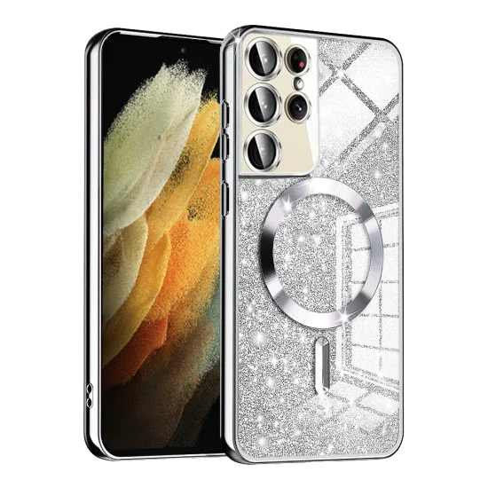 Калъф за Samsung Galaxy S21 Ultra 5G - Луксозен Glitter MagSafe - Сребрист