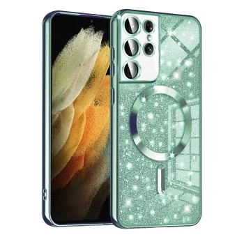 Калъф за Samsung Galaxy S21 Ultra 5G - Луксозен Glitter MagSafe - Светло зелен