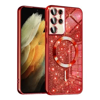 Калъф за Samsung Galaxy S21 Ultra 5G - Luxury Glitter MagSafe - Червен