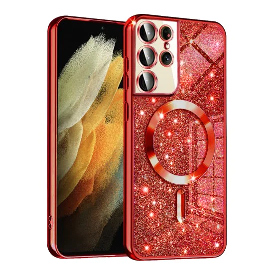 Калъф за Samsung Galaxy S21 Ultra 5G - Luxury Glitter MagSafe - Червен