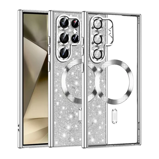 Калъф за Samsung Galaxy S22 Ultra 5G - Луксозен Glitter MagSafe - Сребрист