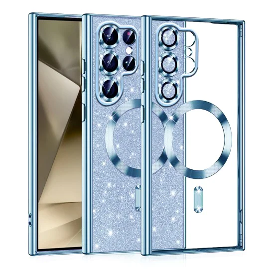 Калъф за Samsung Galaxy S22 Ultra 5G - Луксозен Glitter MagSafe - Светло син