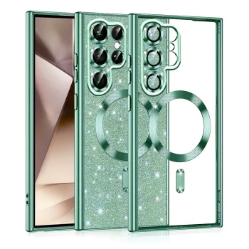 Калъф за Samsung Galaxy S22 Ultra 5G - Луксозен Glitter MagSafe - Светло зелен