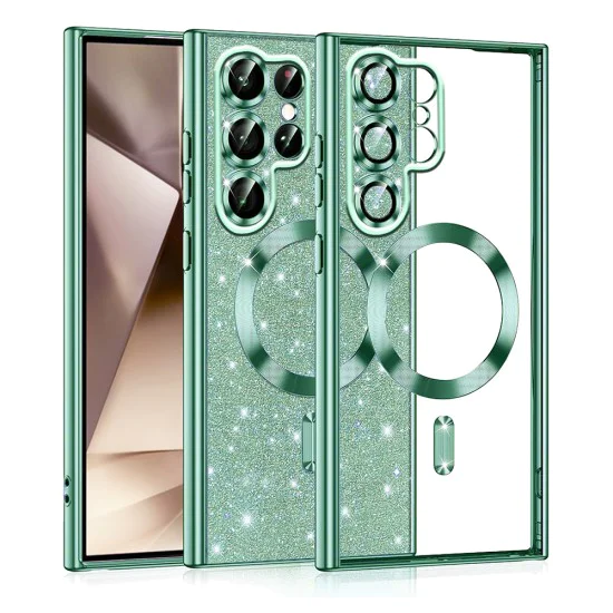 Калъф за Samsung Galaxy S22 Ultra 5G - Луксозен Glitter MagSafe - Светло зелен