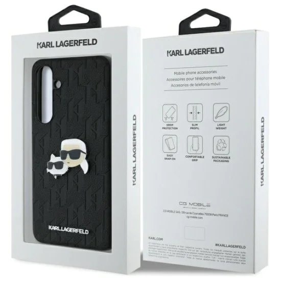 Калъф за Samsung Galaxy S24 FE - Karl Lagerfeld - Hardcase Leather (KLHCS24FEPGKLKCPK) - Monogram Karl&Chaoupette Head Pin