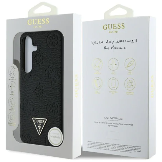 Калъф за Samsung Galaxy S25 - Guess - Peony Grained Hot Stamp Triangle Logo MagSafe (GUHMS25SPGBTMK) - Черен