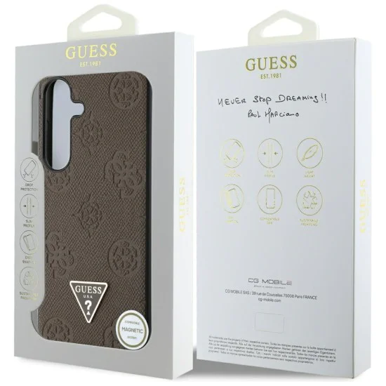 Калъф за Samsung Galaxy S25 - Guess - Peony Grained Hot Stamp Triangle Logo MagSafe (GUHMS25SPGBTMW) - Кафяв
