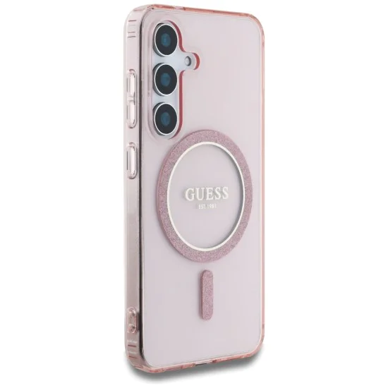 Калъф за Samsung Galaxy S25 - Guess - IML Glitter Circle MagSafe (GUHMS25SHFGEREP) - Розов