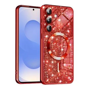 Калъф за Samsung Galaxy S25 - Луксозен Glitter MagSafe - Червен