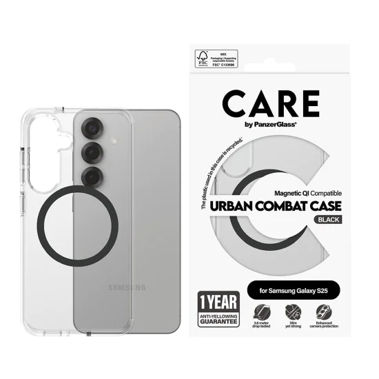 Калъф за Samsung Galaxy S25 - PanzerGlass® - CARE Flagship Urban Combat Black Qi Compatible - Прозрачен