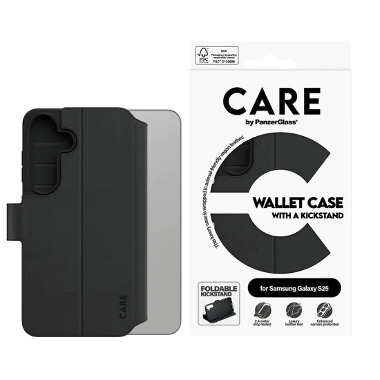 Калъф за Samsung Galaxy S25 - PanzerGlass® - Калъф-портфейл с поставка CARE Feature - Черен