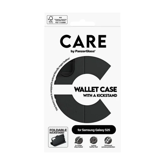Калъф за Samsung Galaxy S25 - PanzerGlass® - Калъф-портфейл с поставка CARE Feature - Черен