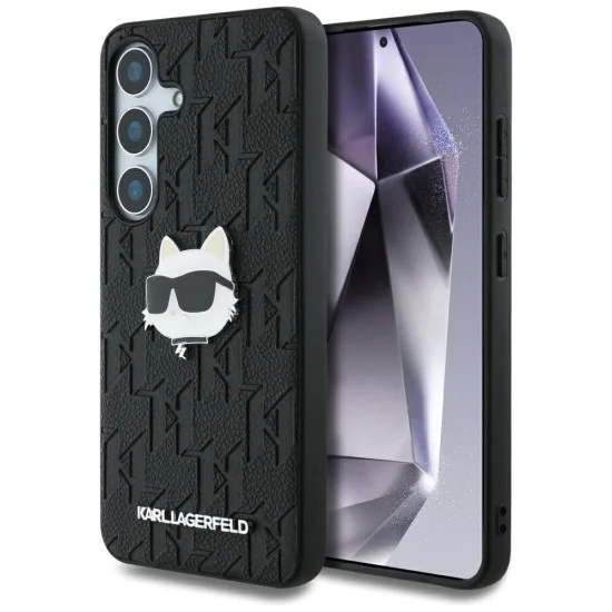 Калъф за Samsung Galaxy S25 Plus - Karl Lagerfeld - Hardcase Monogram Leather (KLHCS25MPGKLCHPK) - Choupette Head Pin