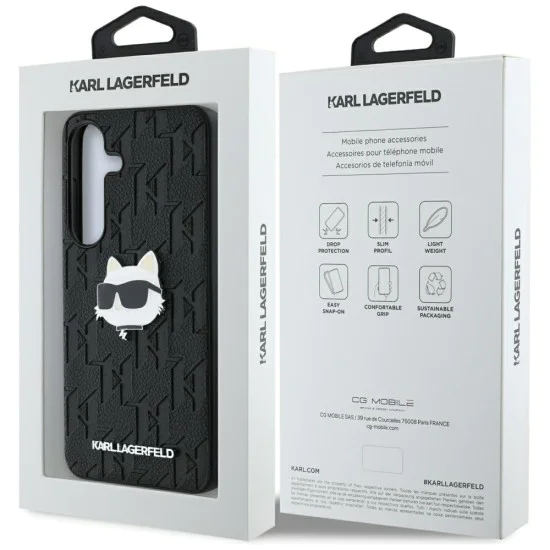 Калъф за Samsung Galaxy S25 Plus - Karl Lagerfeld - Hardcase Monogram Leather (KLHCS25MPGKLCHPK) - Choupette Head Pin