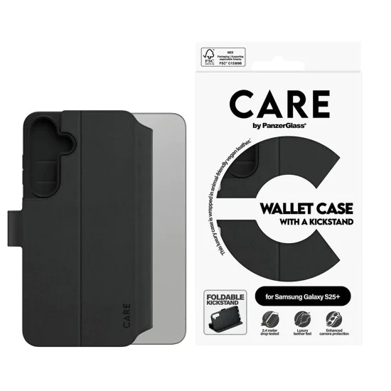 Калъф за Samsung Galaxy S25 Plus - PanzerGlass® - Калъф-портфейл с функция CARE и стойка - Черен