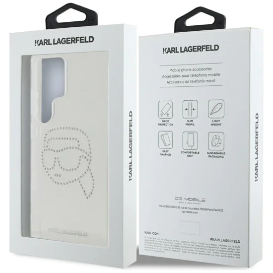 Калъф за Samsung Galaxy S25 Ultra - Karl Lagerfeld - IML Rhinestones (KLHCS25LHKHDCELT) - Transparent Karl Head