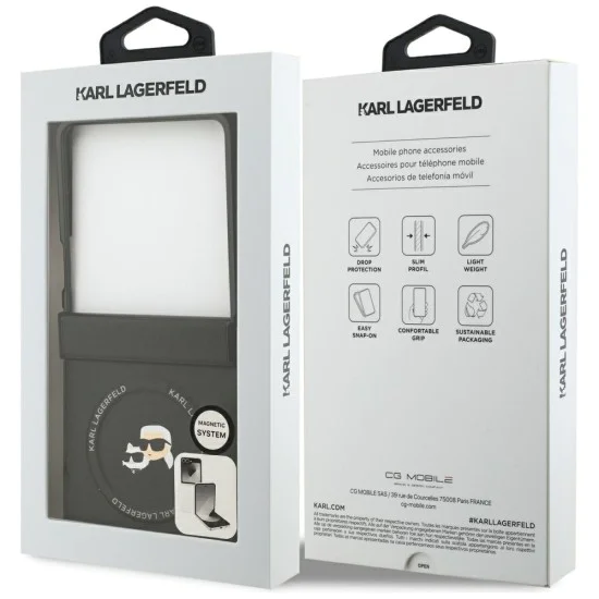 Калъф за Samsung Galaxy Z Flip7 – с MagSafe – Karl Lagerfeld (KLHMZF7PSMLRKCK) Leather Karl & Choupette Pins – Черен