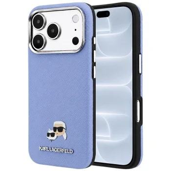 Калъф за телефон за iPhone 18 Pro / iPhone 17 Pro Grained Leather KC Heads Metal MagSafe (KLHMP18L6PSKCHLB) - Karl Lagerfeld - Светлосин