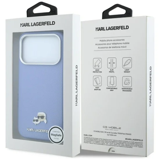 Калъф за iPhone 17 Pro - Grained Leather KC Heads Metal MagSafe (KLHMP18L6PSKCHLB) - Karl Lagerfeld - Светло син