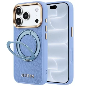 Калъф за iPhone 17 Pro - Grained Leather Ring Stand 360 Classic Logo MagSafe (GUHMP18L6PSGRSCLB) - Guess - Светло син