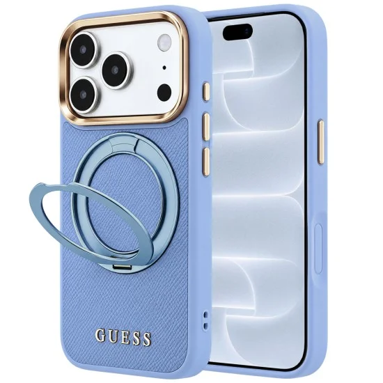 Калъф за iPhone 17 Pro - Grained Leather Ring Stand 360 Classic Logo MagSafe (GUHMP18L6PSGRSCLB) - Guess - Светло син