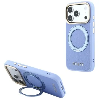 Калъф за iPhone 17 Pro - Grained Leather Ring Stand 360 Classic Logo MagSafe (GUHMP18L6PSGRSCLB) - Guess - Светло син