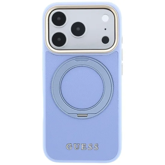 Калъф за iPhone 17 Pro - Grained Leather Ring Stand 360 Classic Logo MagSafe (GUHMP18L6PSGRSCLB) - Guess - Светло син