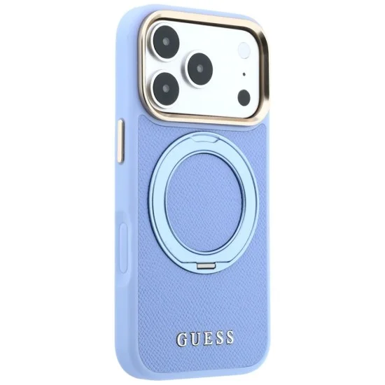 Калъф за iPhone 17 Pro - Grained Leather Ring Stand 360 Classic Logo MagSafe (GUHMP18L6PSGRSCLB) - Guess - Светло син