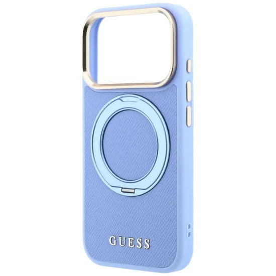 Калъф за iPhone 17 Pro - Grained Leather Ring Stand 360 Classic Logo MagSafe (GUHMP18L6PSGRSCLB) - Guess - Светло син