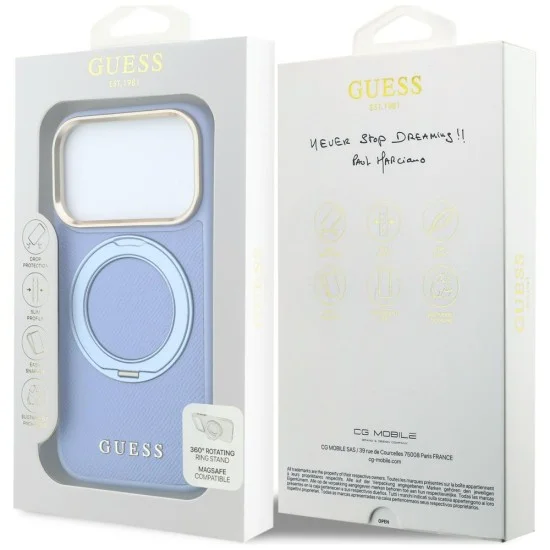 Калъф за iPhone 17 Pro - Grained Leather Ring Stand 360 Classic Logo MagSafe (GUHMP18L6PSGRSCLB) - Guess - Светло син