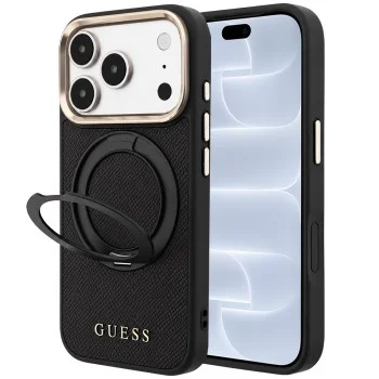 Калъф за iPhone 17 Pro - Grained Leather Ring Stand 360 Classic Logo MagSafe (GUHMP18L6PSGRSCLK) - Guess - Черен