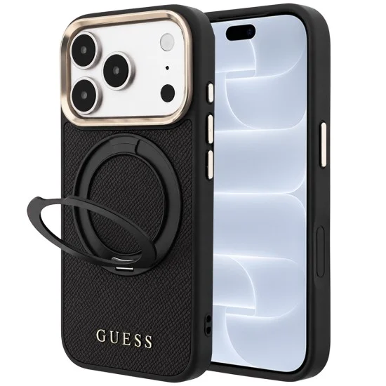 Калъф за iPhone 17 Pro - Grained Leather Ring Stand 360 Classic Logo MagSafe (GUHMP18L6PSGRSCLK) - Guess - Черен
