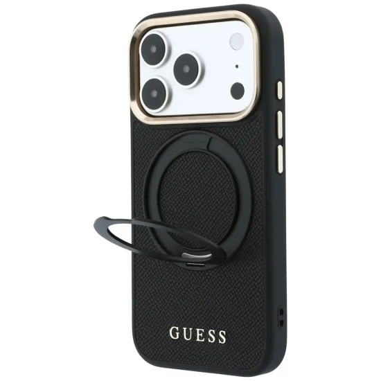 Калъф за iPhone 17 Pro - Grained Leather Ring Stand 360 Classic Logo MagSafe (GUHMP18L6PSGRSCLK) - Guess - Черен