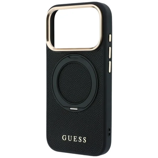 Калъф за iPhone 17 Pro - Grained Leather Ring Stand 360 Classic Logo MagSafe (GUHMP18L6PSGRSCLK) - Guess - Черен