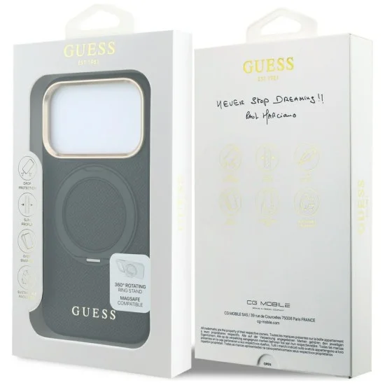 Калъф за iPhone 17 Pro - Grained Leather Ring Stand 360 Classic Logo MagSafe (GUHMP18L6PSGRSCLK) - Guess - Черен