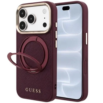 Калъф за iPhone 17 Pro - Grained Leather Ring Stand 360 Classic Logo MagSafe (GUHMP18L6PSGRSCLU) - Guess - Бордо