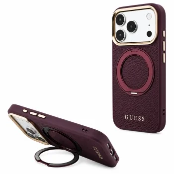Калъф за iPhone 17 Pro - Grained Leather Ring Stand 360 Classic Logo MagSafe (GUHMP18L6PSGRSCLU) - Guess - Бордо