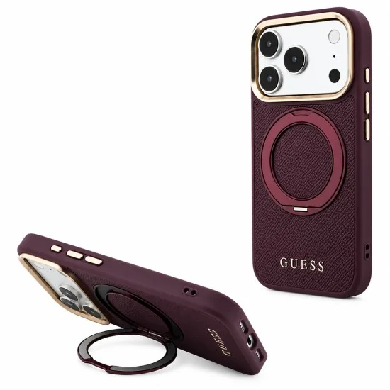 Калъф за iPhone 17 Pro - Grained Leather Ring Stand 360 Classic Logo MagSafe (GUHMP18L6PSGRSCLU) - Guess - Бордо