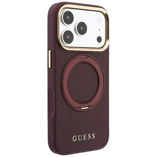 Калъф за iPhone 17 Pro - Grained Leather Ring Stand 360 Classic Logo MagSafe (GUHMP18L6PSGRSCLU) - Guess - Бордо