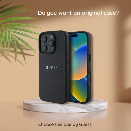 Калъф за iPhone 17 Pro - Grained Leather Ring Stand 360 Classic Logo MagSafe (GUHMP18L6PSGRSCLU) - Guess - Бордо