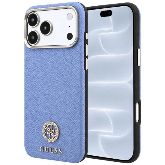 Калъф за iPhone 17 Pro - Grained Leather Round Strass Logo MagSafe (GUHMP18L6PSRMDEB) - Guess - Светло син