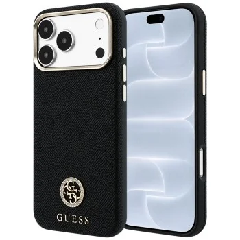 Калъф за телефон за iPhone 18 Pro / iPhone 17 Pro Grained Leather Round Strass Logo MagSafe (GUHMP18L6PSRMDEK) - Guess - Черен