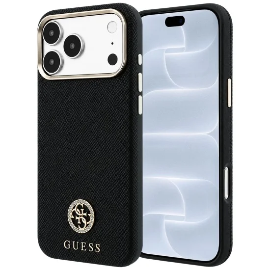 Калъф за iPhone 17 Pro - Grained Leather Round Strass Logo MagSafe (GUHMP18L6PSRMDEK) - Guess - Черен
