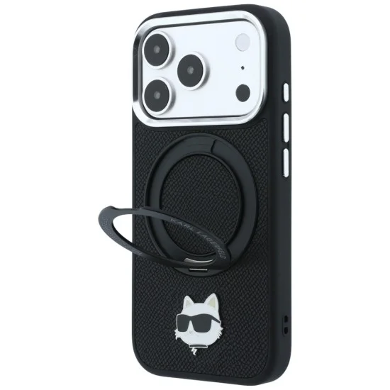 Калъф за iPhone 17 Pro - Leather Ring Stand 360 C Pin MagSafe (KLHMP18LPSRSCHHK) - Karl Lagerfeld - Черен